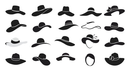 various styles of hats depicted in silhouette form