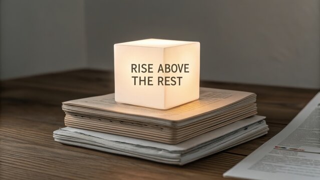 Illuminated Inspirational Cube on Stack of Papers in Cozy Workspace