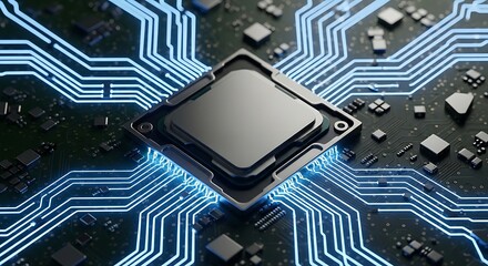 Luminous Blue Data Streams Pulsing from a Central Processor on a Circuit Board.