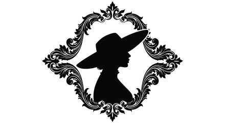elegant silhouette of lady wearing hat framed by ornate design