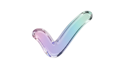 Iridescent Glass Check Mark Symbol on White Background.