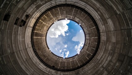 A grand, circular, concrete structure,  with a  skylight opening to the vast blue sky, showcasing a sense of awe and vastness.