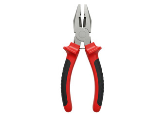 A pair of red and black handled combination pliers isolated on a solid black background