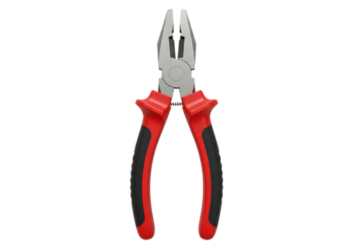 A pair of red and black handled combination pliers isolated on a solid black background