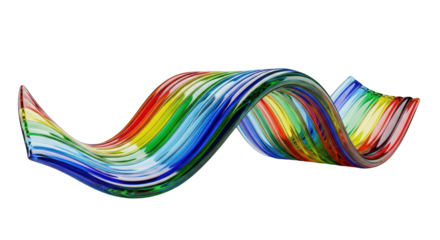 Wavy Glass Sculpture with Rainbow Colors on White Background.