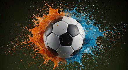 Fototapeta premium Soccer ball bursting through orange and blue splashes against dark background