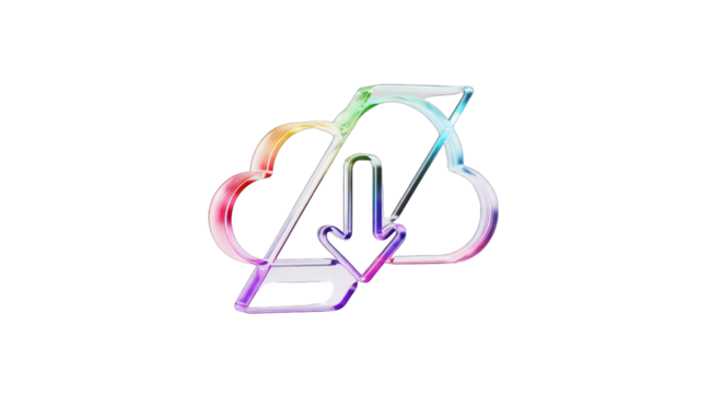 Transparent Rainbow Cloud Download Icon on White Background.