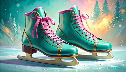 Vibrant teal ice skates with pink laces, set against a winter wonderland scene, exude a charming, vintage aesthetic.
