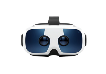 Close up of a white virtual reality headset with blue lenses against a black background