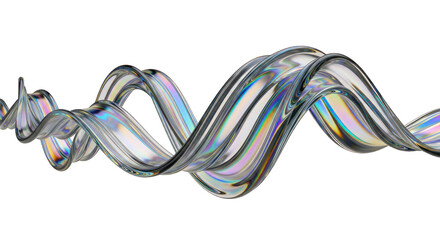 Abstract Iridescent Glass Ribbon Flowing Against White Background.