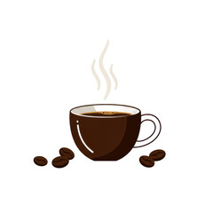 Obraz premium Warm Steaming Coffee Cup in Flat Design with Scattered Roasted Beans