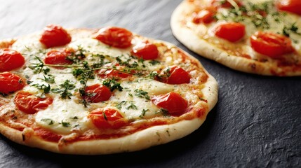 Vegetarian pizza with cherry tomatoes and melted mozzarella, garnished with fresh herbs.