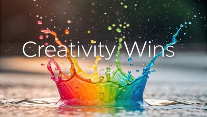 Vibrant Water Splash in Multiple Colors with Inspirational Text About Creativity and Winning Mentality