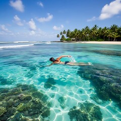 Woman swimming in crystal-clear turquoise water over a coral reef, with a tropical beach in the background.