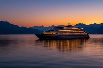 A luxury cruise ship anchored in a serene bay at sunset, with its lights sparkling in the distance. The calm water reflects the ship’s grand architecture, while the golden hour light bathes the scene 