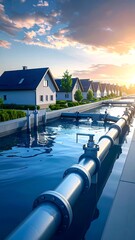 A tranquil suburban neighborhood with a water pipeline system running along the street at sunset.