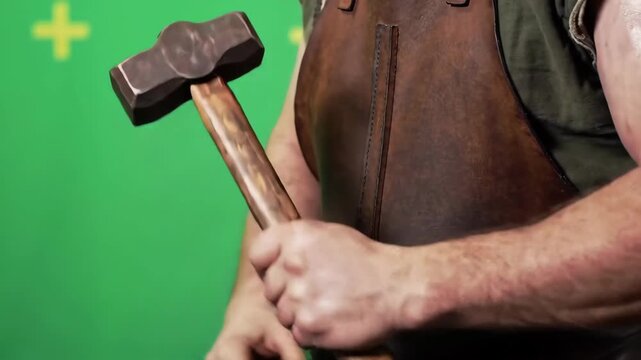 Close-up view of a person holding a large blacksmith's hammer against a vibrant green screen background.