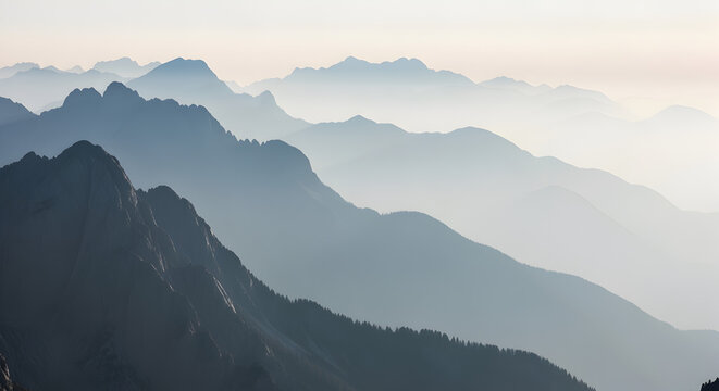 Serene Layered Mountain Landscape with Atmospheric Haze and Fading Peaks in Blue and Grey Tones, Capturing Natural Depth and Tranquility