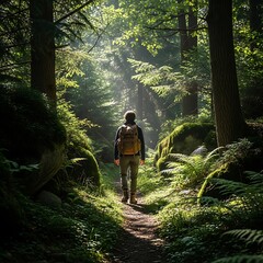 A lone hiker with a backpack walks along a sunlit path in a lush green forest.