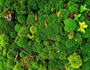Lush green moss blankets the ground, dotted with vibrant yellow flowers that add a cheerful pop of color, creating a serene and inviting natural scene.