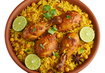 Deliciously seasoned chicken biryani served in a clay pot with lime wedges and chickpeas