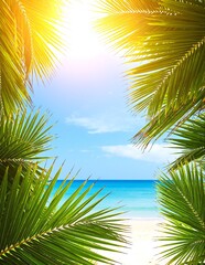 Lush green palm leaves gently sway on a sandy beach, with warm sunlight filtering through, casting playful shadows on the ground below.