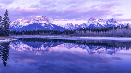 A tranquil mountain lake reflecting the surrounding snow-covered peaks under a twilight sky.