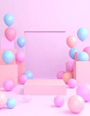 A square box filled with vibrant pink and blue balloons, creating a cheerful and festive atmosphere, perfect for celebrations or parties.