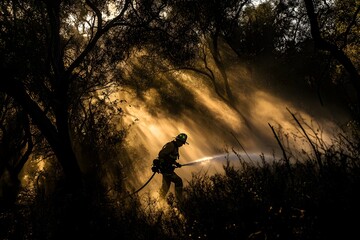 silhouette of a fireman on forest burn