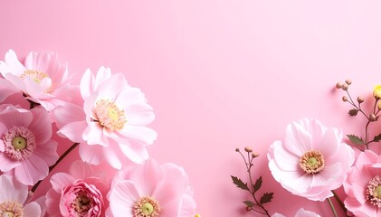 A delicate arrangement of soft pink flowers, featuring varying shades, set against a subtle, light background that enhances their beauty and charm.