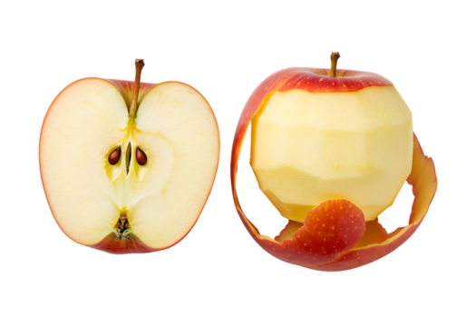 Fresh red apple halved revealing seeds next to a peeled apple with swirling skin on black background