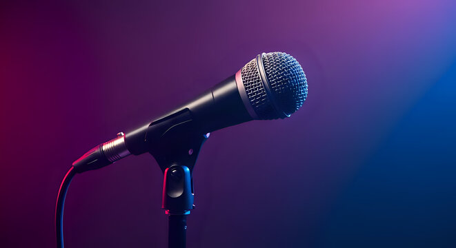 Shining microphone ready for showtime, perfect for music, podcasting, and live performance events