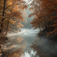 Misty river winding through vibrant autumn landscape