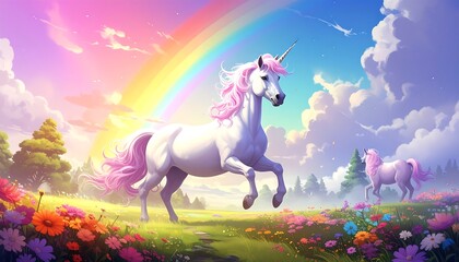 Two majestic unicorns, adorned with rosy manes and tails, traverse a vibrant meadow filled with colorful flowers, beneath a spectacular rainbow, creating a dreamy and captivating scene.
