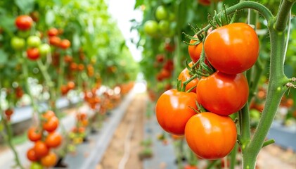 Vibrant red tomatoes ripening on lush green vines inside a sunlit greenhouse, surrounded by rich soil and delicate leaves, showcasing healthy growth.