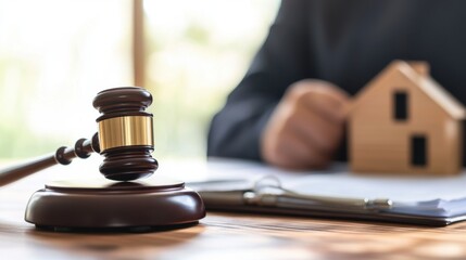 judge presiding over an auction where real estate properties are sold, on blurred background