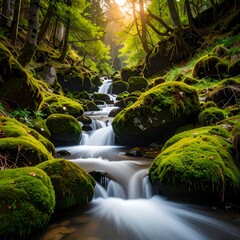 Sunlit forest stream cascading over mossy rocks