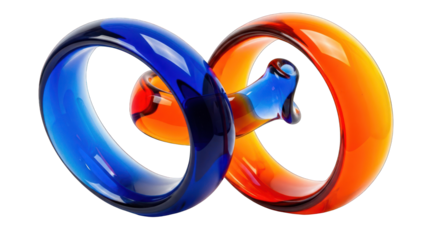 Interlocking Glass Sculpture with Blue and Orange Rings.