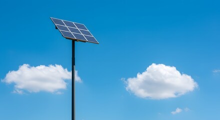 Obraz premium Solar panel against a bright blue sky with puffy white clouds
