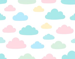 A cheerful, repeating pattern of pastel-colored clouds against a pristine white background.
