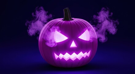 Spooky purple halloween pumpkin with glowing eyes and smoke on a dark blue background
