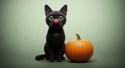 Black cat with heart nose sitting next to a pumpkin against a green background