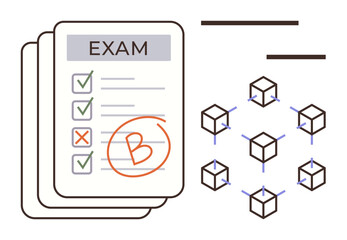 Exam results marked with a B grade alongside interconnected cubes representing a distributed network. Ideal for education, grading systems, blockchain, decentralization, data analysis, technology