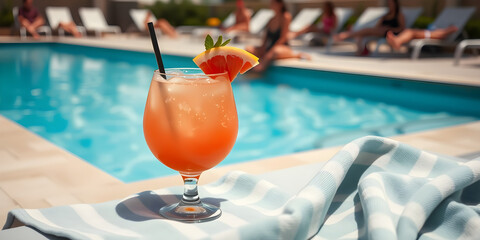 Tall glass of grape pink grapefruit cocktail on a white chair with sunlight and shadows on a parking area background