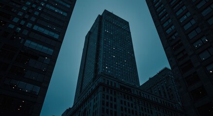 City skyline at twilight. Low angle view of tall buildings