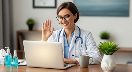 Doctor waving hello on laptop screen during telemedicine consultation and online health advice
