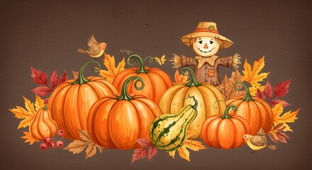Harvest scene featuring pumpkins scarecrow and autumnal elements
