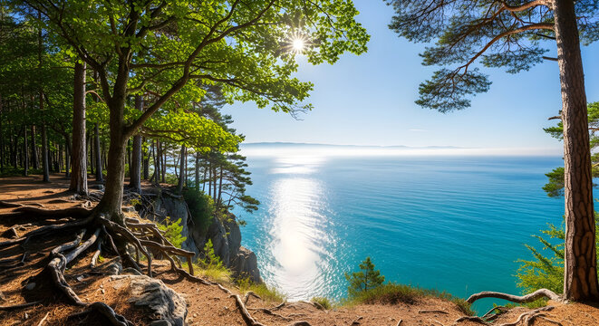 beautiful cliffs and calm blue sea water under clear skies. - Powered by Adobe