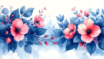 A delicate floral arrangement, featuring soft pinks and deep blues, creates a tranquil and elegant design.