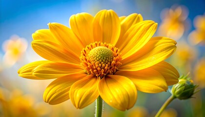 Naklejka premium Close-up view of a vibrant yellow flower, showcasing intricate details of petals and a central disc, with a soft, blurred background of other flowers, highlighting the beauty of nature in a bright...